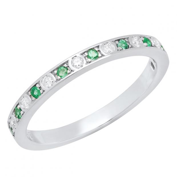 10K White Gold Round Emerald & Diamond Ladies Stackable Anniversary Wedding Band