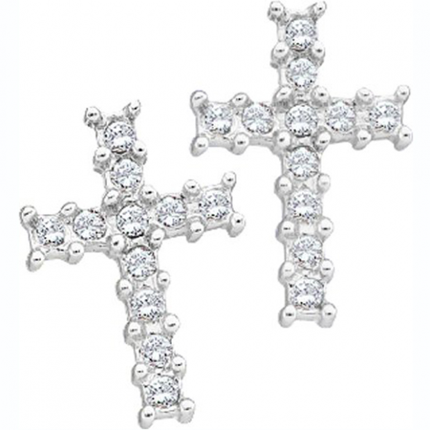 0.11 Carat (ctw) 10K White Gold Round White Diamond Ladies Cluster Cross Earrings
