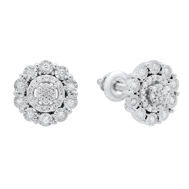 0.20 Carat (ctw) 10K White Gold Round Diamond Ladies Illisuion Cluster Style Stud Earrings 1/5 CT