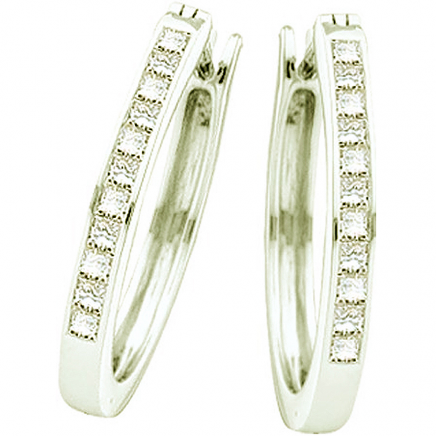 0.50 Carat (ctw) 14k White Gold Brilliant Princess Cut White Diamond Ladies Invisible Hoops Earrings