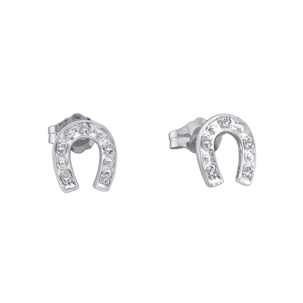 0.05 Carat (ctw) 10K White Gold Round White Diamond Ladies Horse Shoe Earrings