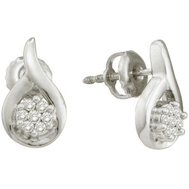 0.15 Carat (ctw) 14k White Gold Round White Diamond Ladies Cluster Flower Earrings