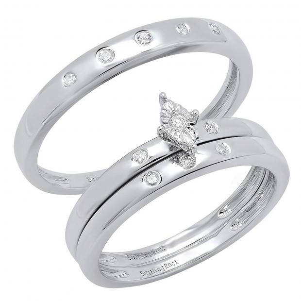 0.10 Carat (ctw) Round White Diamond Men & Women Wedding Rings Trio Bridal Set 10K White Gold
