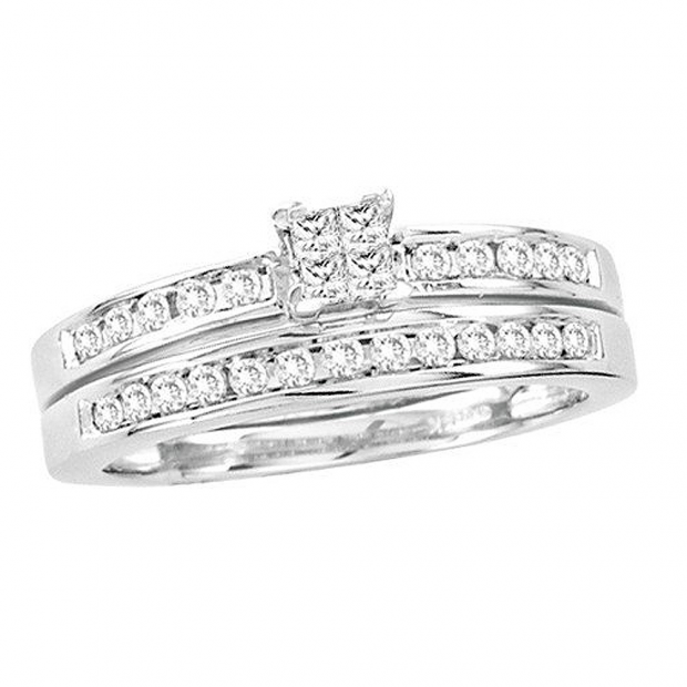0.50 Carat (ctw) 14k White Gold Round & Princess Cut White Diamond Ladies Invisible Bridal Engagement Ring Set