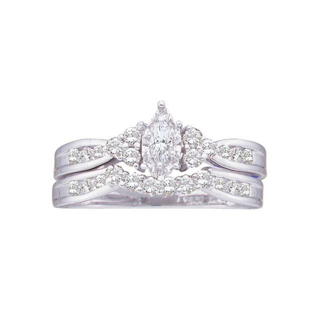 0.50 Carat (ctw) 14K White Gold Marquise & Round Diamond Ladies Bridal Engagement Ring Set 1/2 CT