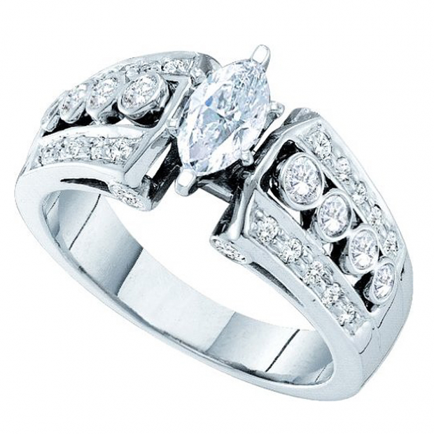1.00 Carat (ctw) 14k White Gold Brilliant Round & Marquise Cut White Diamond Ladies Bridal Engagement Ring