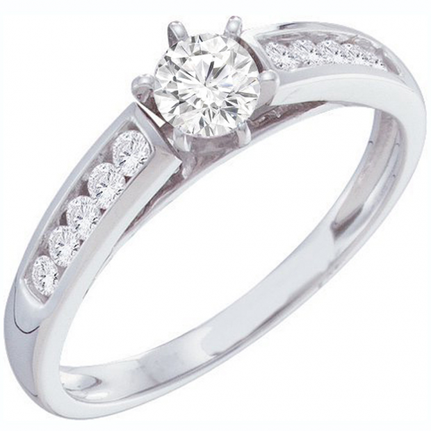0.50 Carat (ctw) 14K White Gold Round White Diamond Ladies Solitaire With Accents Bridal Engagement Ring 1/2 CT