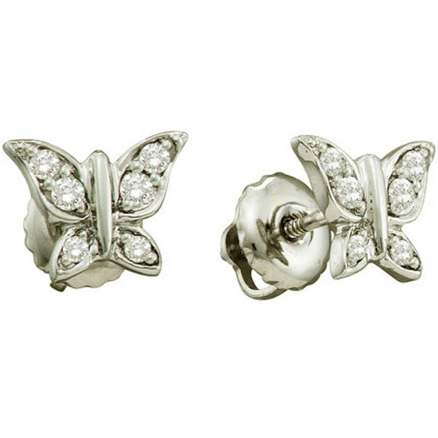 0.12 Carat (ctw) 14k White Gold Round White Diamond Ladies Butterfly Earrings