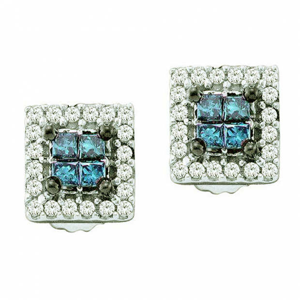0.33 Carat (ctw) 14k White Gold Blue & White Diamond Ladies Invisible Set Stud Earrings