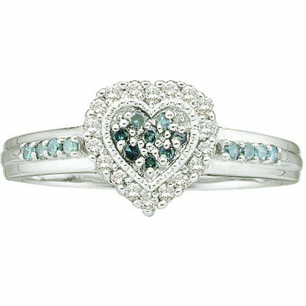 0.25 Carat (ctw) 10k White Gold Blue & White Diamond Ladies Bridal Promise Heart Engagement Ring
