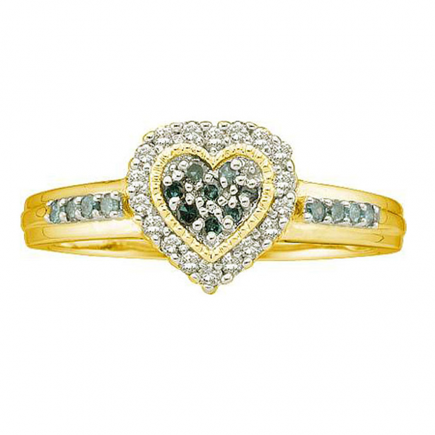 0.25 Carat (ctw) 10k Yellow Gold Blue & White Diamond Ladies Bridal Promise Heart Engagement Ring