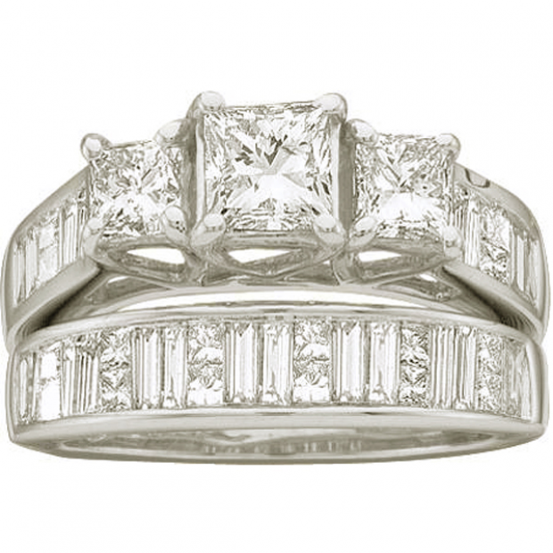 1.90 Carat (ctw) 14k White Gold Princess & Baguette Cut White Diamond Ladies 3 Stone Bridal Engagement Ring Set