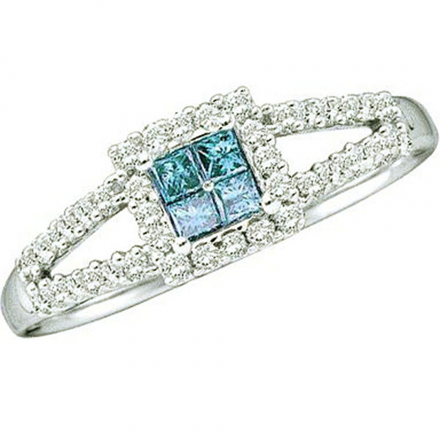 0.33 Carat (ctw) 14k White Gold Round & Princess Cut Blue & White Diamond Ladies Split Shank Invisible Engagement Ring