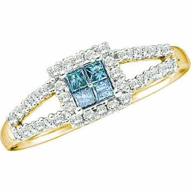 0.33 Carat (ctw) 14k Yellow Gold Round & Princess Cut Blue & White Diamond Ladies Split Shank Invisible Engagement Ring