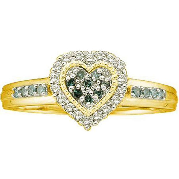 0.25 Carat (ctw) 14k Yellow Gold Blue & White Diamond Ladies Bridal Promise Heart Engagement Ring