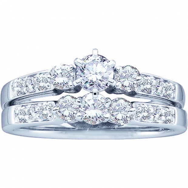 0.94 Carat (ctw) 14k White Gold Brilliant Round Cut White Diamond Ladies 3 Stone Bridal Engagement Ring Set