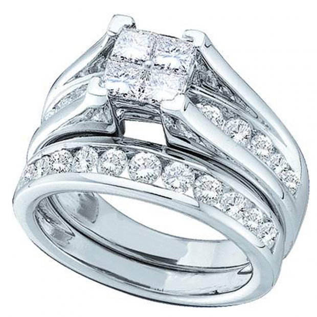 1.00 Carat (ctw) 14k White Gold Princess & Round Diamond Ladies Bridal Engagement Ring Matching Band Set