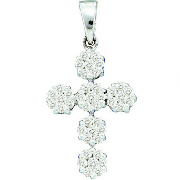 0.50 Carat (ctw) 14k White Gold Round White Diamond Ladies Cluster Flower Cross Pendant