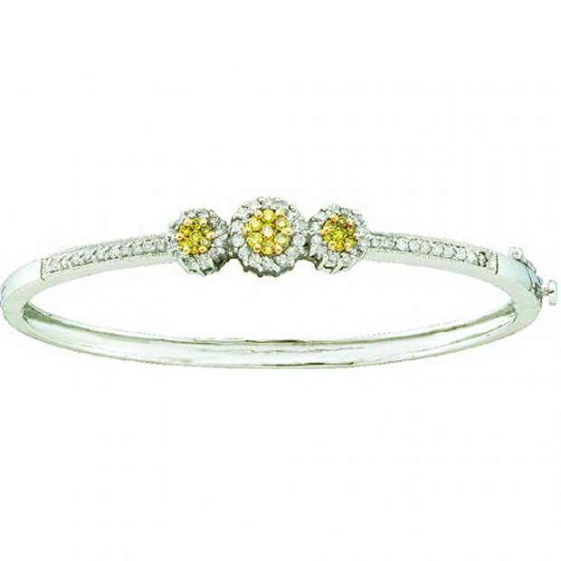 1.05 Carat (ctw) 14k White Gold Round White & Yellow Diamond Ladies Flower Bangle Bracelet