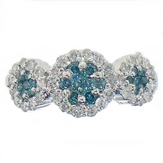 1.00 Carat (ctw) 14k White Gold Round Blue & White Diamond Ladies Cluster Flower Fashion Ring
