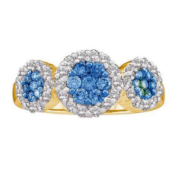 1.00 Carat (ctw) 14k Yellow Gold Round Blue & White Diamond Ladies Cluster Flower Fashion Ring