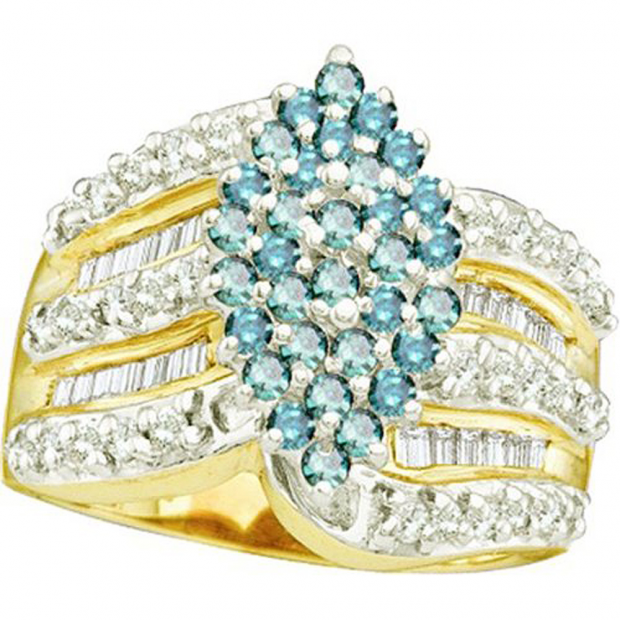1.00 Carat (ctw) 10k Yellow Gold Round & Baguette Cut Blue & White Diamond Ladies Right Hand Cluster Ring