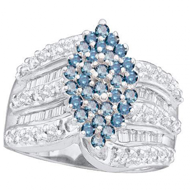1.00 Carat (ctw) 10k White Gold Round & Baguette Cut Blue & White Diamond Ladies Right Hand Cluster Ring
