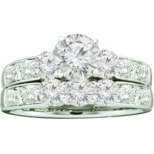 2.00 Carat (ctw) 14k White Gold Brilliant Round White Diamond Ladies 3 Stone Bridal Engagement Ring Set