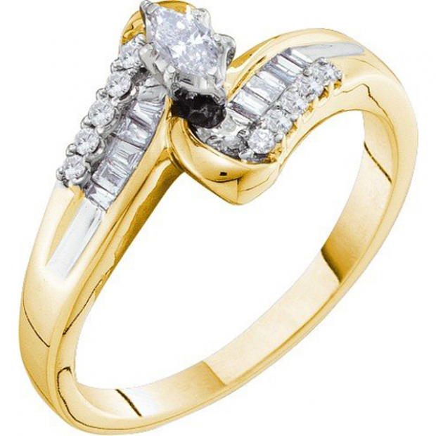 0.27 Carat (ctw) 14K Yellow Gold Marquise Round & Baguette White Diamond Ladies Bridal Engagement Ring With Marquise Center 1/4 CT