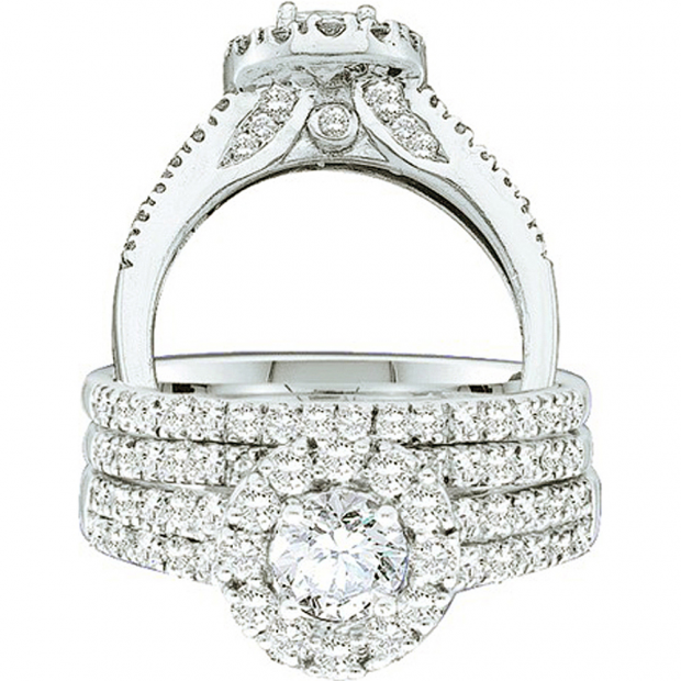 1.26 Carat (ctw) 14k White Gold Round Cut White Diamond Ladies Halo Bridal Engagement Ring Set