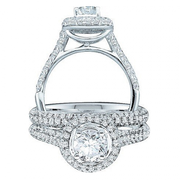 1.23 Carat (ctw) 14k White Gold Brilliant Round White Diamond Ladies Halo Style Bridal Engagement Ring Set