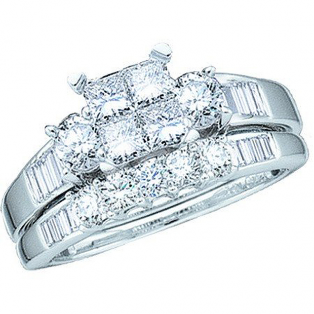 1.00 Carat (ctw) 10k White Gold Princess Baguette & Round Diamond Ladies Bridal Engagement Ring Set with Matching Band