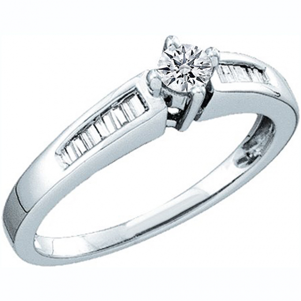 0.23 Carat (ctw) 14K White Gold Round & Baguette Cut Diamond Ladies Solitaire With Accents Bridal Engagement Ring 1/4 CT