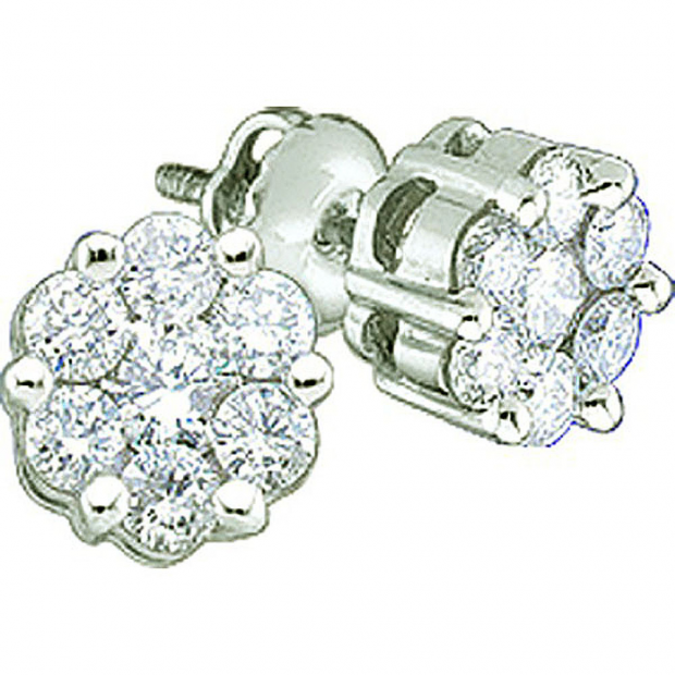 0.15 Carat (ctw) 10k White Gold Round White Diamond Ladies Cluster Flower Earrings