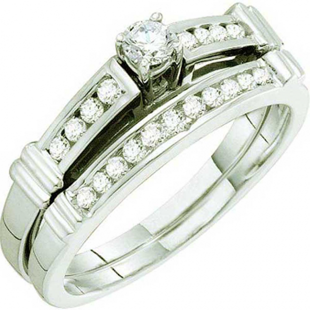 0.35 Carat (ctw) 14k White Gold Brilliant White Diamond Ladies Bridal Engagement Ring Set With Matching Band