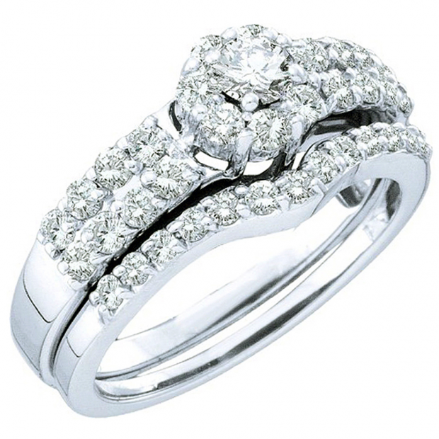 1.13 Carat (ctw) 14k White Gold Round White Diamond Ladies Bridal Engagement Ring Set