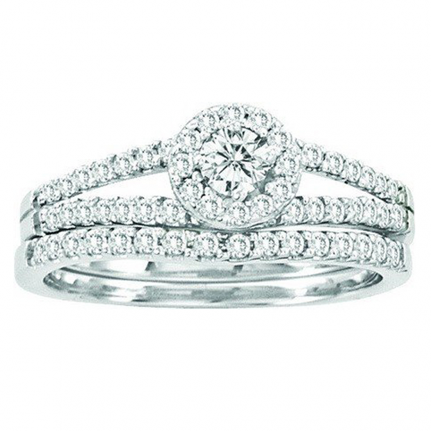 0.65 Carat (ctw) 14k White Gold Brilliant White Diamond Ladies Split Shank Bridal Halo Style Engagement Ring Set