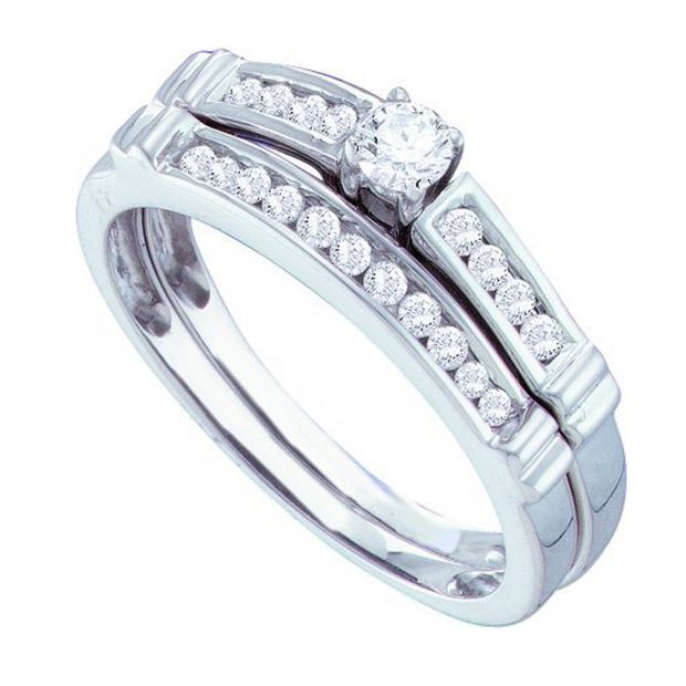 0.38 Carat (ctw) 14k White Gold Round White Diamond Ladies Bridal Engagement Ring Set With Matching Band