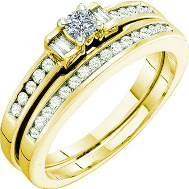 0.43 Carat (ctw) 10k Yellow Gold Brilliant White Diamond Ladies Bridal Engagement Ring Matching Band Set