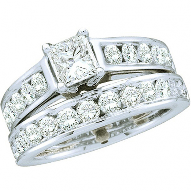 2.00 Carat (ctw) 14k White Gold Brilliant Round & Princess Cut White Diamond Ladies Bridal Engagement Ring Set