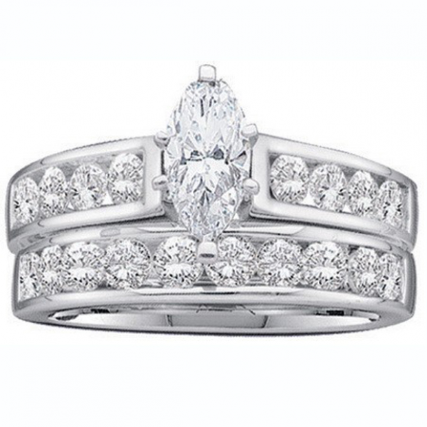 1.00 Carat (ctw) 14K White Gold Marquise & Round Cut Diamond Ladies Bridal Engagement Ring With Matching Band Set 1 CT
