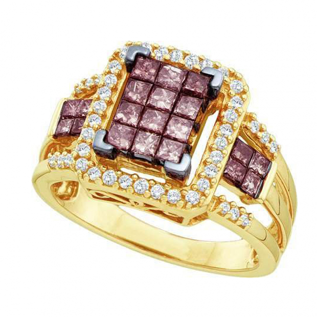 1.01 Carat (ctw) 14k Yellow Gold Round & Princess Cut White & Champagne Diamond Ladies Split Shank Invisible Ring