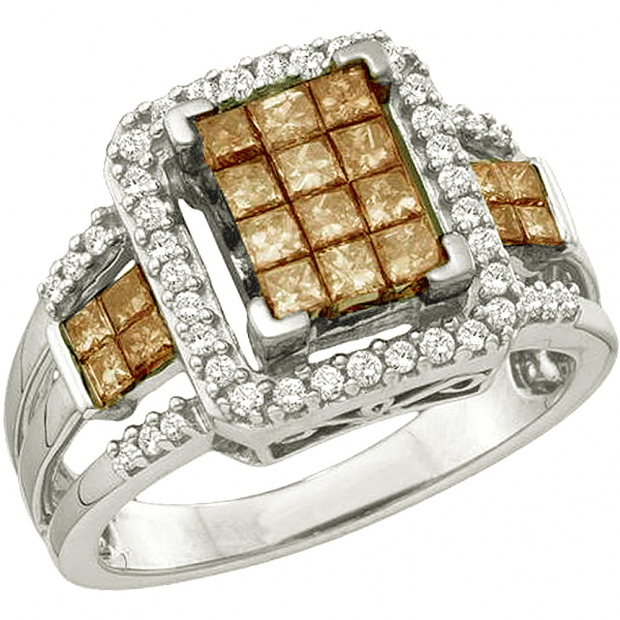 1.01 Carat (ctw) 14k White Gold Round & Princess Cut White & Champagne Diamond Ladies Split Shank Invisible Ring
