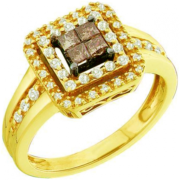 0.50 Carat (ctw) 14k Yellow Gold Round & Princess Cut Champagne & White Diamond Ladies Invisible Engagemeant Ring