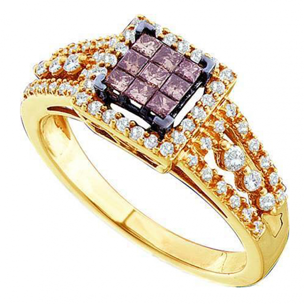 0.50 Carat (ctw) 14k Yellow Gold Round & Princess Cut Champagne & White Diamond Ladies Invisible Engagemeant Ring