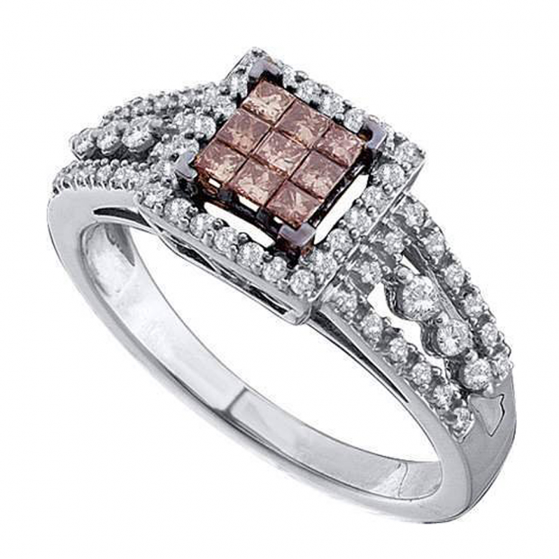0.50 Carat (ctw) 14k White Gold Round & Princess Cut Champagne & White Diamond Ladies Invisible Engagemeant Ring