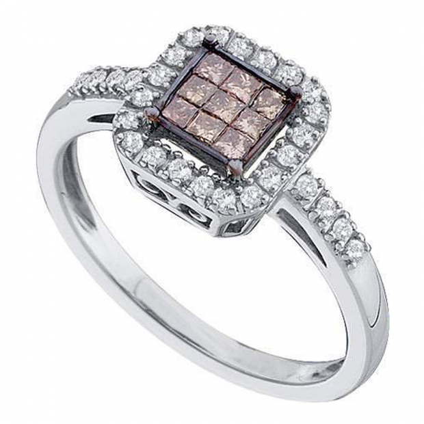 0.33 Carat (ctw) 14k White Gold Champagne  & White Diamond Ladies Invisible Engagement Ring