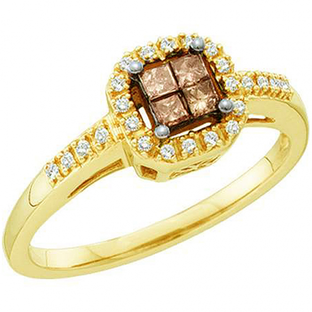 0.25 Carat (ctw) 14k Yellow Gold Champagne & White Diamond Ladies Invisible Bridal Engagement Ring