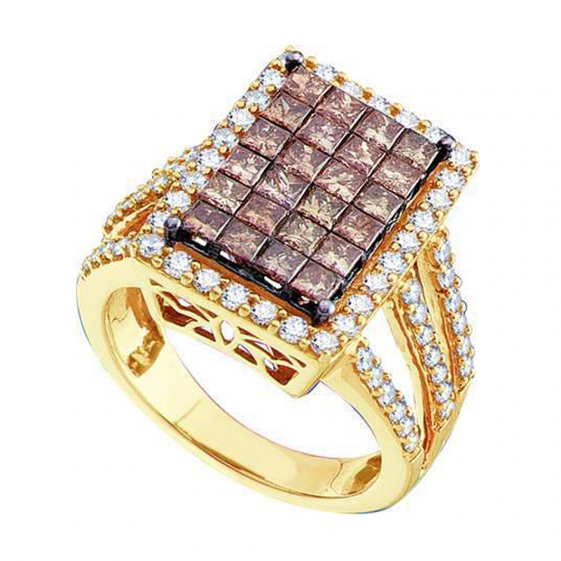 2.50 Carat (ctw) 14k Yellow Gold Round & Princess White & Champagne Diamond Ladies Engagement Invisible Ring