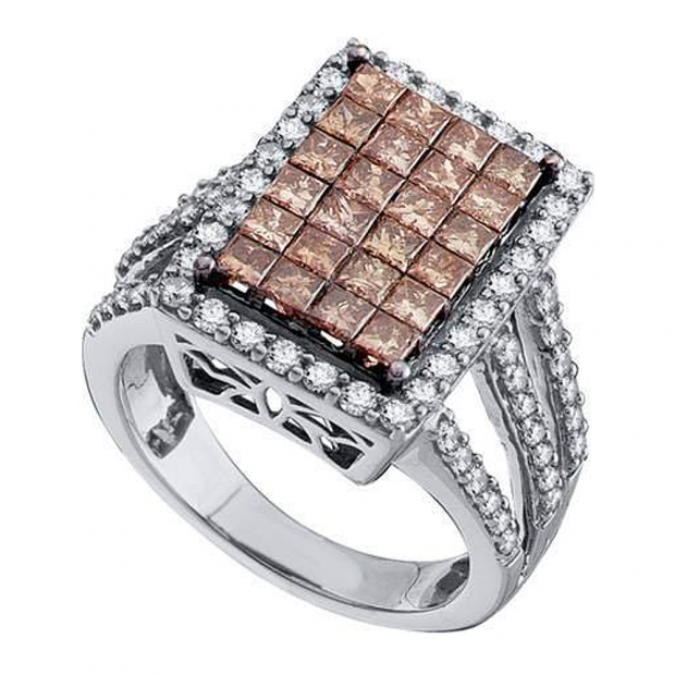 2.50 Carat (ctw) 14k White Gold Round & Princess White & Champagne  Diamond Ladies Engagement Invisible Ring